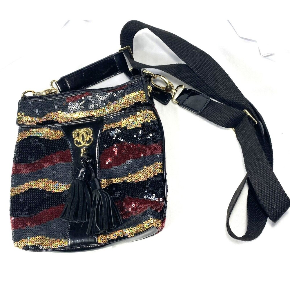 Sharif Sequin Tasseled Cross Body Bag Purse Animal Print Interior EUC